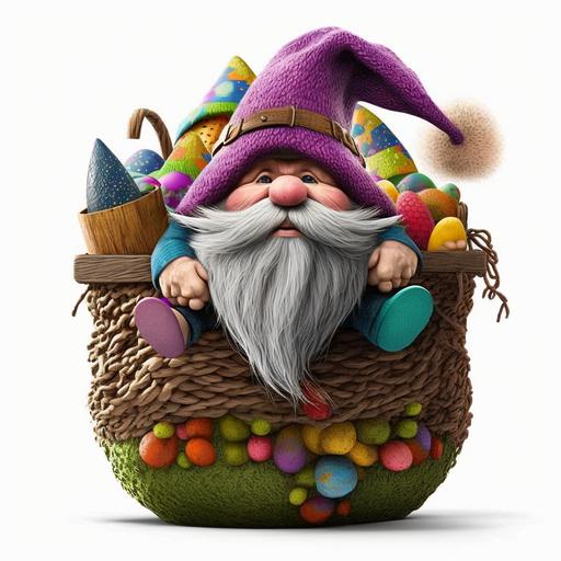 pixar style adorable happy spring easter bunny gnome sitting in an easter basket filled with decorated easter eggs sticker, wearing a wrinkled slouchy hat with long floppy bunny ears, beard, round nose, realistic hands and feet, white background, 8k, vibrant, creative realism
