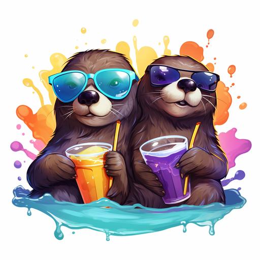 pixar style, cartoon,What about two otters floating next to each other, holding hands, wearing sunglasses, and drinking colorful drinks with umbrellas in them, logo, vector