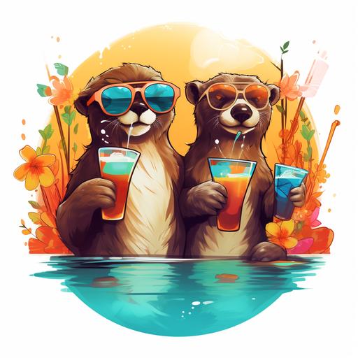 pixar style, cartoon,What about two otters floating next to each other, holding hands, wearing sunglasses, and drinking colorful drinks with umbrellas in them, logo, vector