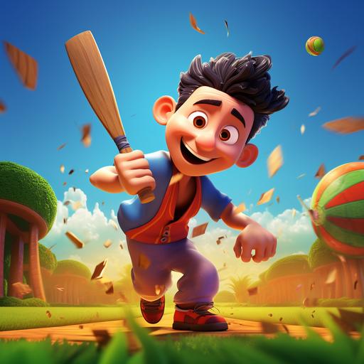 pixar style colourful scene of a cartoon character playing cricket