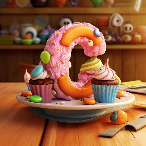 pixar style, delicious cupcake with frosting piled high, on plate with ice cream, table is made from candy, With the Letter