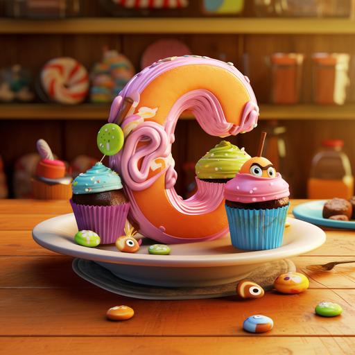 pixar style, delicious cupcake with frosting piled high, on plate with ice cream, table is made from candy, With the Letter