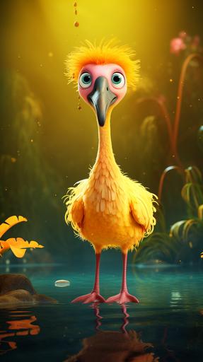 pixar style, dorky cartoon character looking like a cute yellow colour flamingo with yellow feathers standing in a pond on one leg with its reflection in the water, dessert environment, Cinematic, soft hard light, backlit, 4K post, processing highly detailed, --ar 9:16