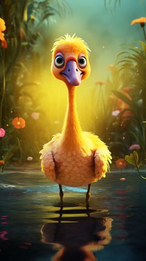 pixar style, dorky cartoon character looking like a cute yellow colour flamingo with yellow feathers standing in a pond on one leg with its reflection in the water, dessert environment, Cinematic, soft hard light, backlit, 4K post, processing highly detailed, --ar 9:16