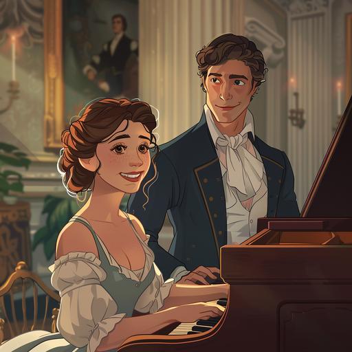 pixar style illustration of beautiful Elizabeth Bennet looking up at handsome Mr Darcy. She is wearing a simple gown from the 1810s and is seated at a baby grand piano and is playing it, inside an opulent old mansion. He is standing next to her. She has twinkling eyes, a clear complexion and a small smile. He has a reserved expression, a square jaw and sideburns