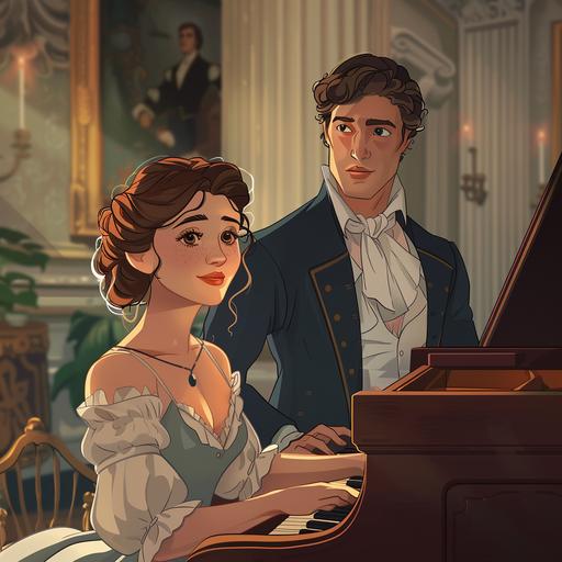 pixar style illustration of beautiful Elizabeth Bennet looking up at handsome Mr Darcy. She is wearing a simple modest gown from the 1810s and is seated at a baby grand piano and is playing it, inside an opulent old mansion. He is standing next to her. She has twinkling eyes, a clear complexion and a small smile. He has a reserved unsmiling expression, a square jaw and sideburns --v 6.0
