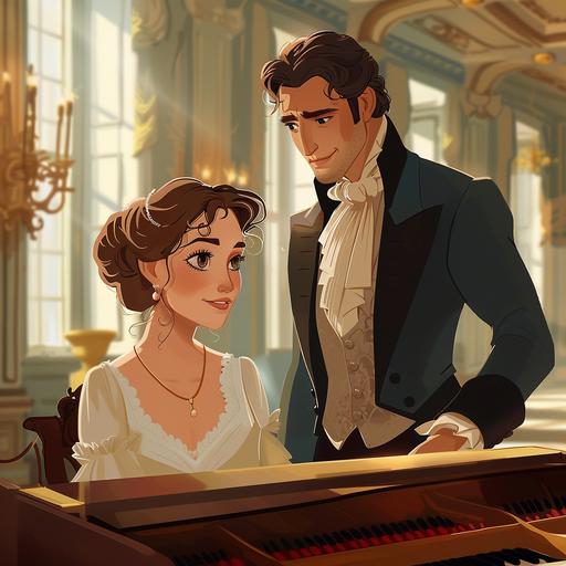 pixar style illustration of beautiful Elizabeth Bennet talking with handsome Mr Darcy. She is wearing a simple gown from the 1810s and is seated at a baby grand piano and is playing it, inside an opulent old mansion. He is standing next to her. she has twinkling eyes, clear complexion a smile. He has a reserved expression, a square jaw and sideburns --v 6.0