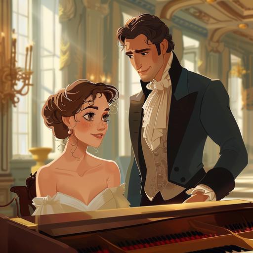 pixar style illustration of beautiful Elizabeth Bennet talking with handsome Mr Darcy. She is seated at a baby grand piano and is playing it, inside an opulent old mansion. He is standing next to her. she has twinkling eyes and a smile. He has a reserved expression, a square jaw and sideburns