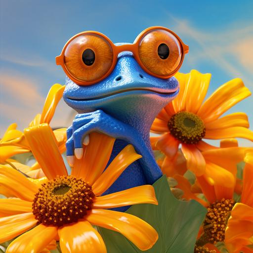 pixar style,blue frog orange finger wearing a sun glasses,full detail.scloseup view,surrounding flower