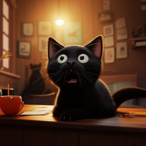pixar. a black cat looks shocked