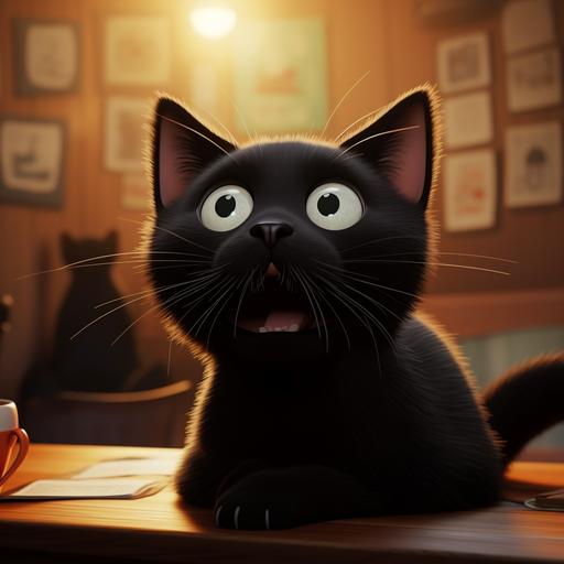 pixar. a black cat looks shocked