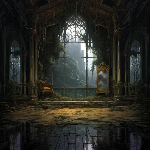 pixel art 2d game rpg, the room very huge mirror mirror gothic beautiful woodwork all in the style Yoshitaka Amano, tones pastel