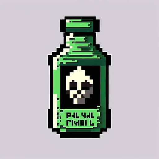 pixel art green medicine bottle with poison skull logo attached white background --no background