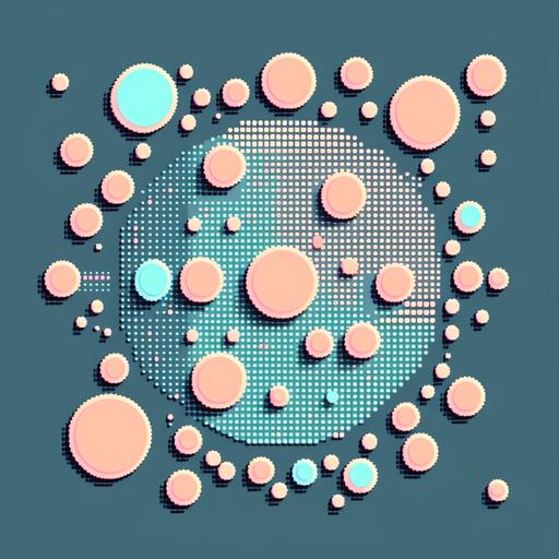 pixel art-inspired design of circles in various sizes , light blue & rose , giving a retro, 8-bit fee, in futuristic, animated