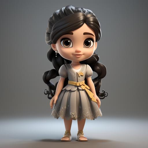 3D, cartoon style, asian, very big eyes, pouty lips with very small smile, round face, 5 years old, two ponytails, adventurous sparkle in eyes, full body, grey background, dressed in german dress