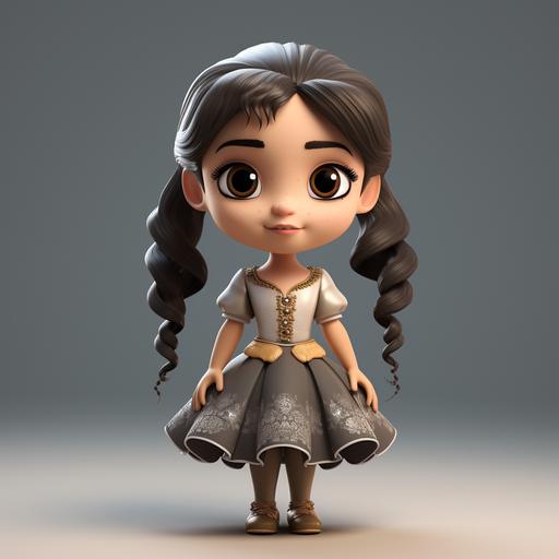 3D, cartoon style, asian, very big eyes, pouty lips with very small smile, round face, 5 years old, two ponytails, adventurous sparkle in eyes, full body, grey background, dressed in german dress