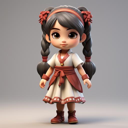 3D, render, full body, big eye girl, pouty lips, two pigtails, slight freckles, rosy cheeks, asian, traditional german dress, age 4-5, plain grey background