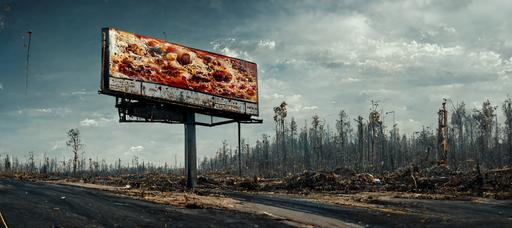 pizza advertisement billboard on a highway, deserted land, dystopian setting, dead trees, harsh sunlight, cinematic composition, lots of details, 8k --ar 23:10