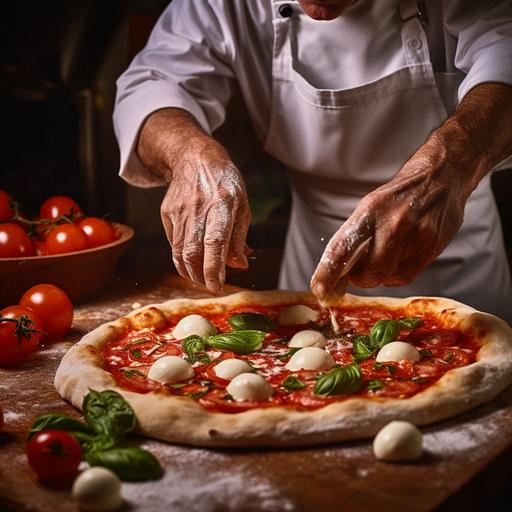 pizzaiolo italian making margherita pizza, olive oil, fior di latte, basil, tomatoes, puttin mozzarella balls on the pizza, wood burn oven, traditional neapolitan pizza, high quality photo