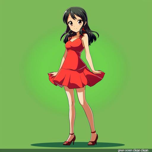 plain attractive cartoon anime girl in red dress, vinicunca shoes, on 