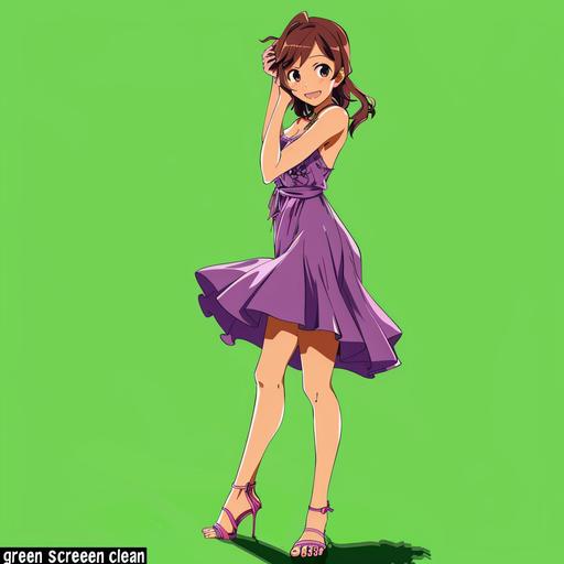 plain attractive cartoon anime woman in purple dress, vinicunca shoes, on 