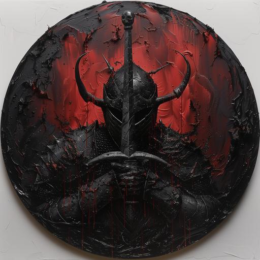 plain black background circle frame acrylic pour style demon with black armor holding an upside down cross thats burning --ar 1:1 --v 6.0 --style raw --s 400