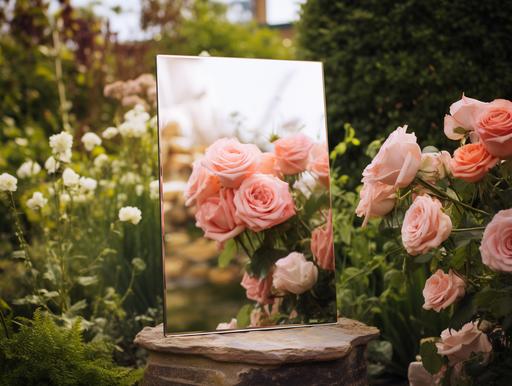 plain rose gold acylic mirror sign A2 on easel, in a floral garden setting, background blurred, ultra realistic, 8K, photograph, --ar 4:3