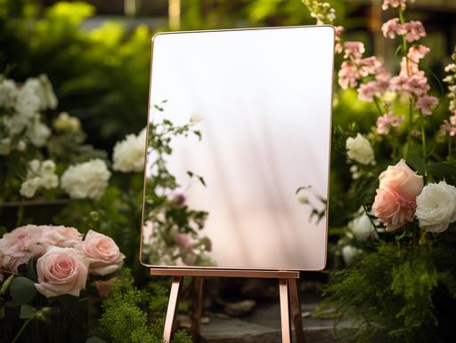 plain rose gold acylic mirror sign A2 on easel, in a floral garden setting, background blurred, ultra realistic, 8K, photograph, --ar 4:3