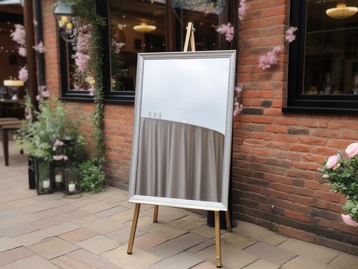 plain silver acrylic mirror sign A2 size on easel, in wedding venue, ultra realistic, 8K, photograph, --ar 4:3
