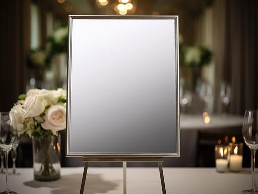 plain silver acrylic mirror sign A2 size on easel, in wedding venue, background blurred, ultra realistic, 8K, photograph, --ar 4:3