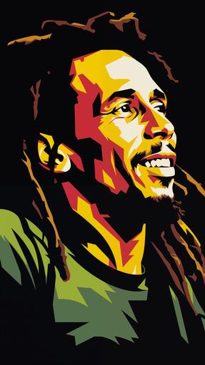 t-shirt vector, black background, [Bob Marley looking up] Jamaican flag colours, minimal cartoon, silhouette --ar 9:16