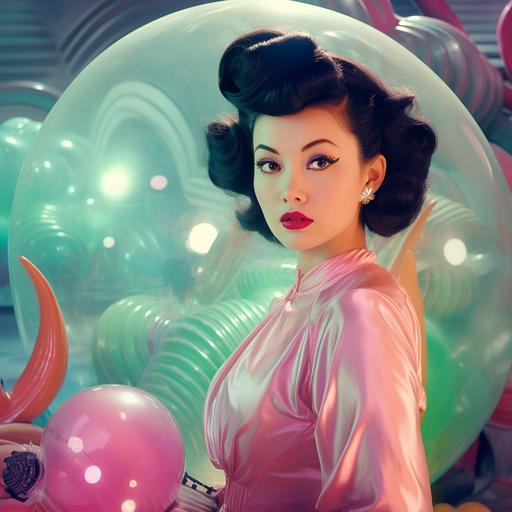 planet fantastique, vintage photography, Retro futurism with a pastel world view, beautiful chinese east asian movie star, black hair, retro glamour, 1950s, neon glow, alien shape balloon, film grain, hyperrealistic, photo realism, asian woman, alien antennae from hair, purple long sculptural hair