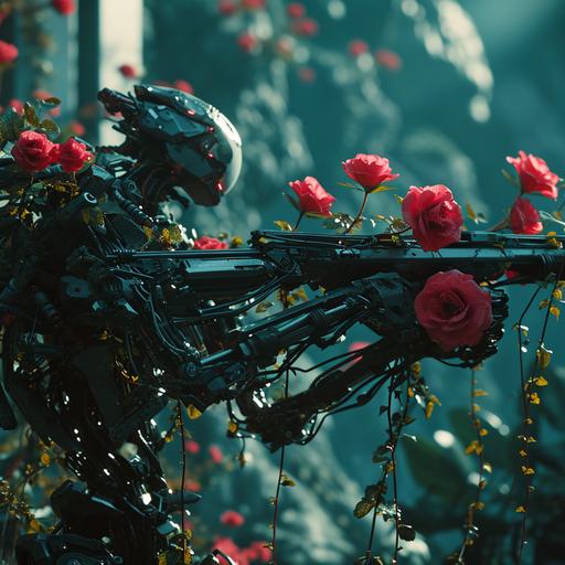 plant/cyborg army with thorny vines and flower guns in a futuristic war, cinematic lighting, Arri Alexa LF, IMAX, Epic, Film grab --v 6.0 --style raw