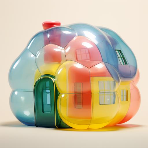 plastic, articial, bubble, puff, house, rounded, plaid, yellow, red, blue, green