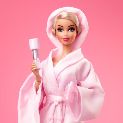 plastic barbie doll, white bathrobe, holding a giant skin care tube, on a pink background