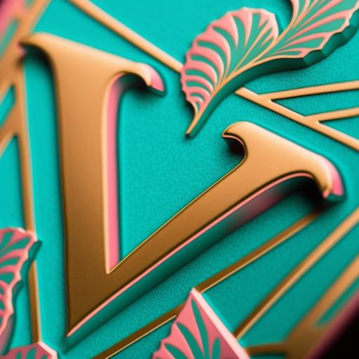 plastic sticker of the letter V, pink and gold, sans serif, on a teal paper surface, dramatic light, closeup, dramatic angle, --v 4 --q 2