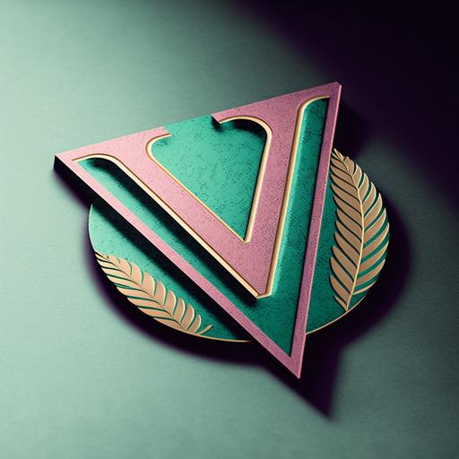 plastic sticker of the letter V, pink and gold, sans serif, on a teal paper surface, dramatic light, closeup, dramatic angle, --v 4 --q 2