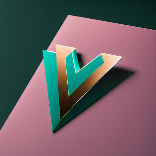 plastic sticker of the letter V, pink and gold, sans serif, on a teal paper surface, dramatic light, closeup, dramatic angle, --v 4 --q 2