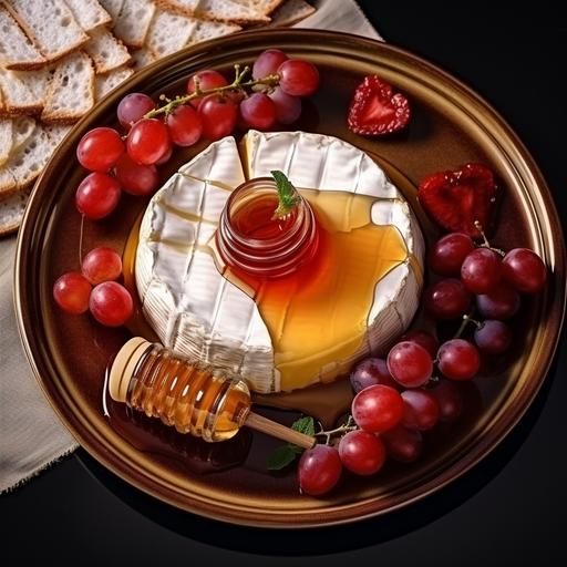 plate with brie cheese, with honey, red fruit jelly, photo from above, excellent presentation, cleam table, realistic, 8k