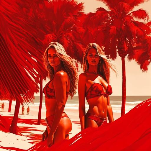 playa con palmeras y dos hermosas bellas mujeres en bikini rojo super realista