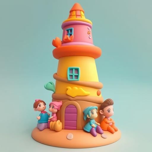playdough lighthouse, cartoon style of powerfull girls, pastel