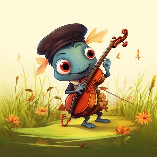 playful cartoon style, cricket playing violin