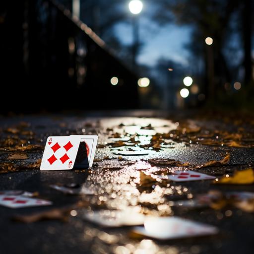playing cards scattered on a sidewalk or curb , under a spotlight late at night