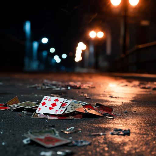 playing cards scattered on a sidewalk or curb , under a spotlight late at night