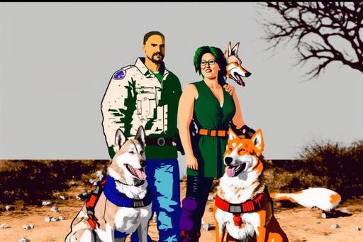 , playstation, high quality, bright color, the dogs are huskies, clean pixel art, style of metal gear solid 1996 --ar 3:2 --v 4