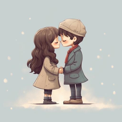 please create a cute cartoon couple kissing each other gentlely