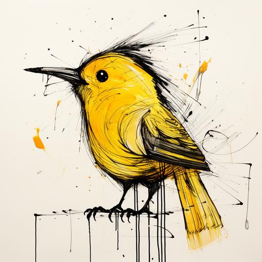 plumage | by mierlu ::0, yellow cartoon bird with long plumage feather, scribble, ink --s 50