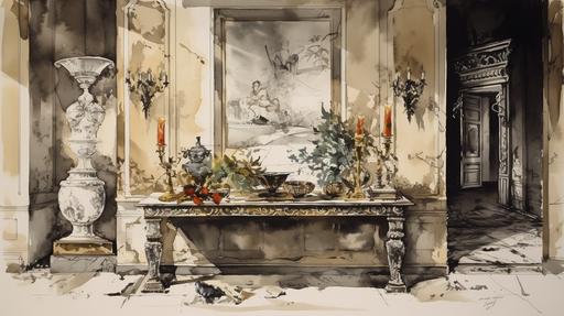 plumage living room with kichen style modern clasic, by Annibale Carracci:: by Ralph Steadman:: Depth Map, Marble, Pinecone, Moss, Seashell --ar 16:9 --v 5.0