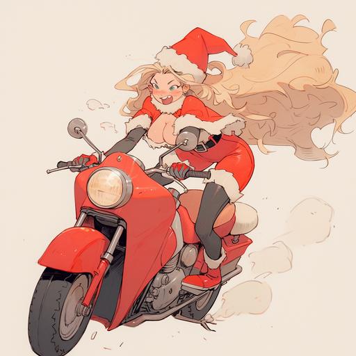 plus size blonde chubby model with long hair riding a motorcycle with santa claus, Norman Rockwell style::8 , white background --niji 5 --style expressive
