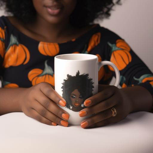 plus size dark skinned black woman hands, sitting in boho kichen, hold white square ceramic coffee mug, front of mug clearly visable, halloween theme modern kichen --v 5.2
